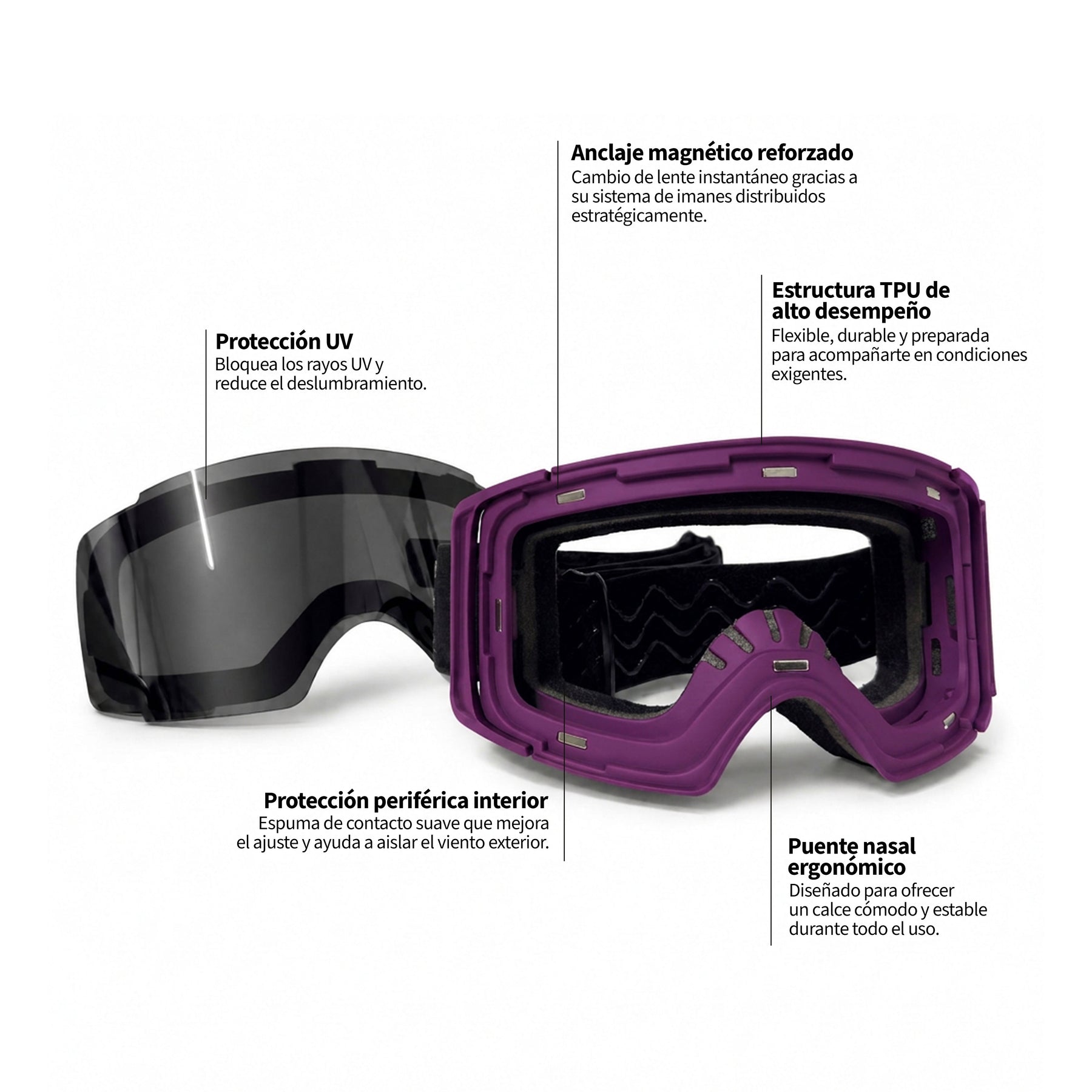 Antiparra para nieve color morado Sky | Lente negro